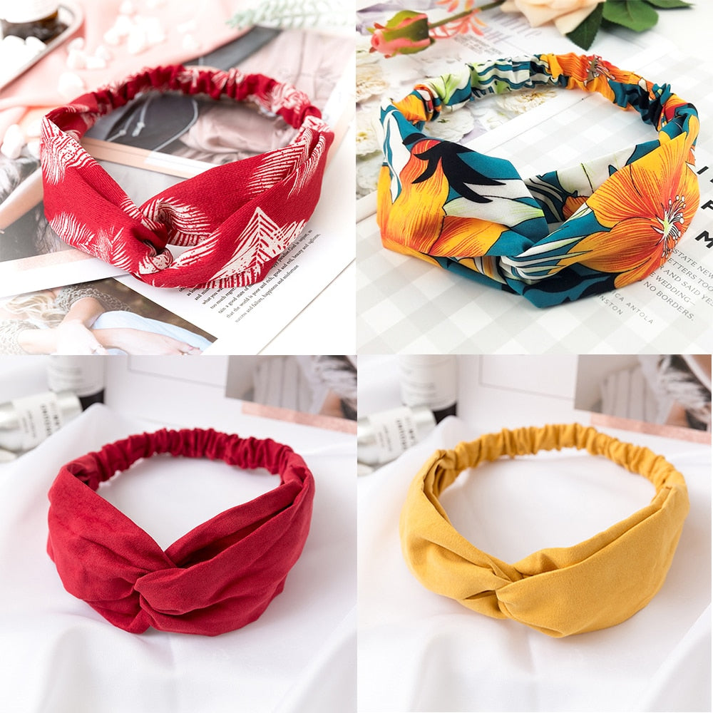 Women's Solid And Flower Print Turban Style Headbands