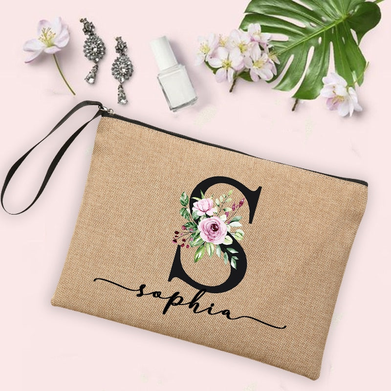 Custom Linen Cosmetic Bag With Flower Initial