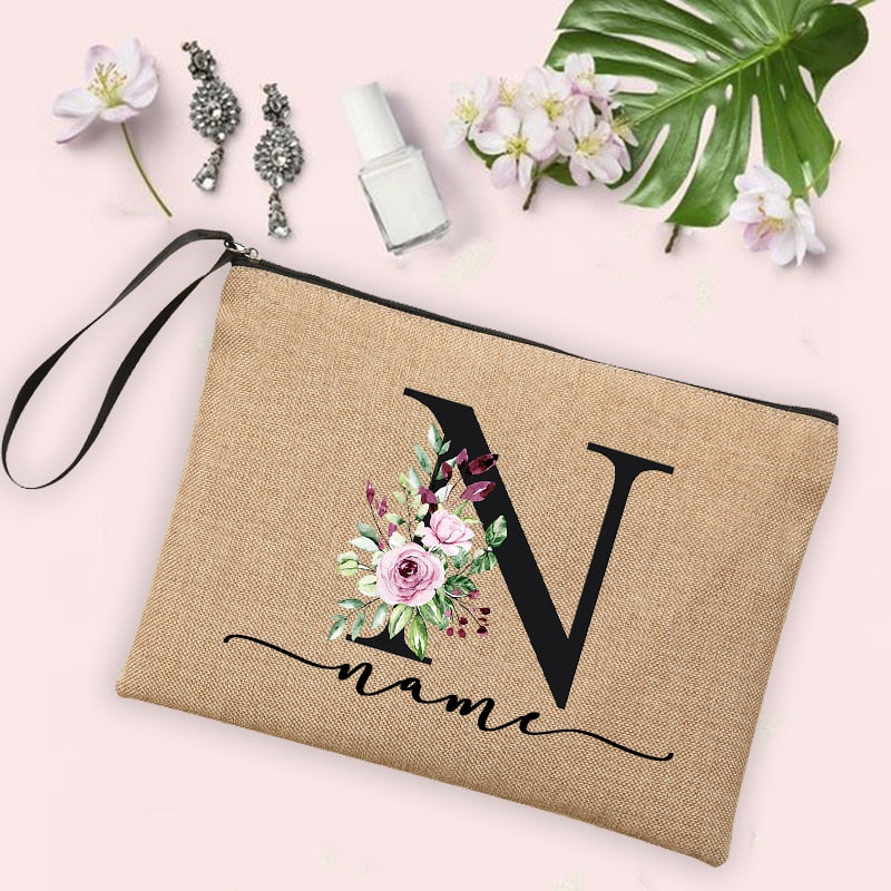 Custom Linen Cosmetic Bag With Flower Initial