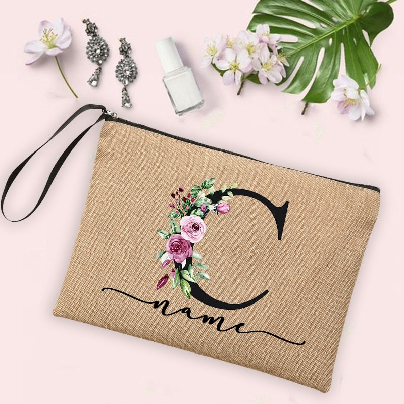 Custom Linen Cosmetic Bag With Flower Initial