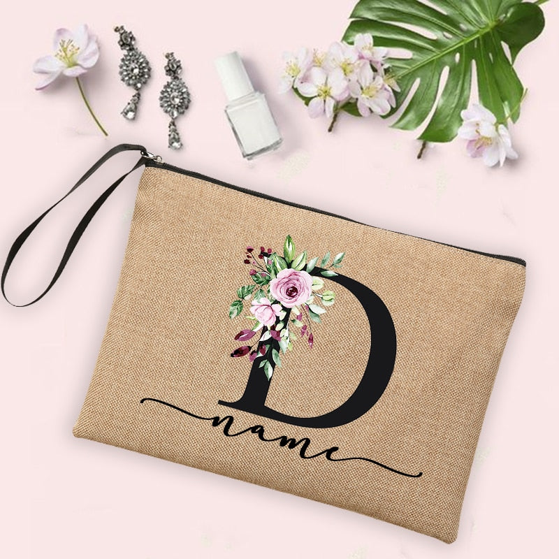 Custom Linen Cosmetic Bag With Flower Initial