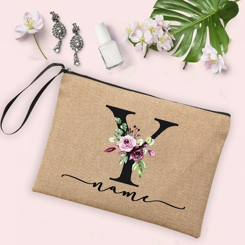 Custom Linen Cosmetic Bag With Flower Initial