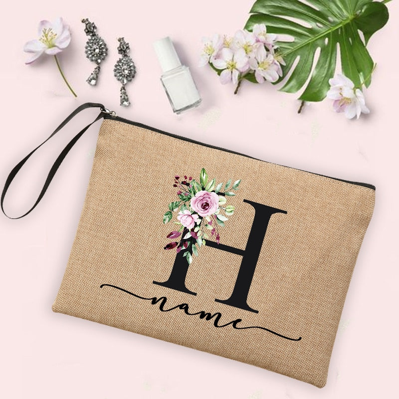 Custom Linen Cosmetic Bag With Flower Initial