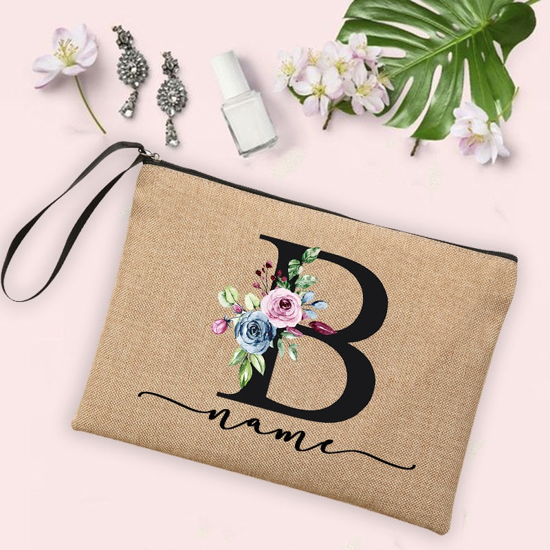 Custom Linen Cosmetic Bag With Flower Initial