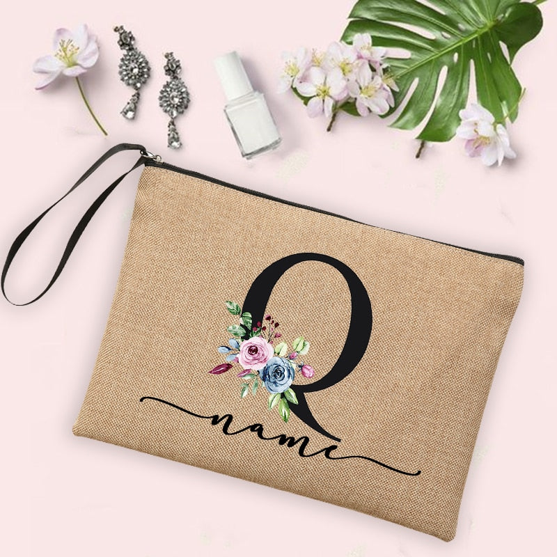 Custom Linen Cosmetic Bag With Flower Initial