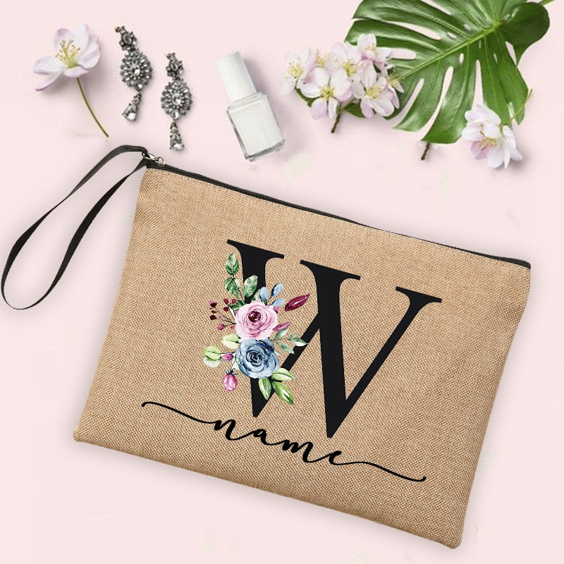 Custom Linen Cosmetic Bag With Flower Initial