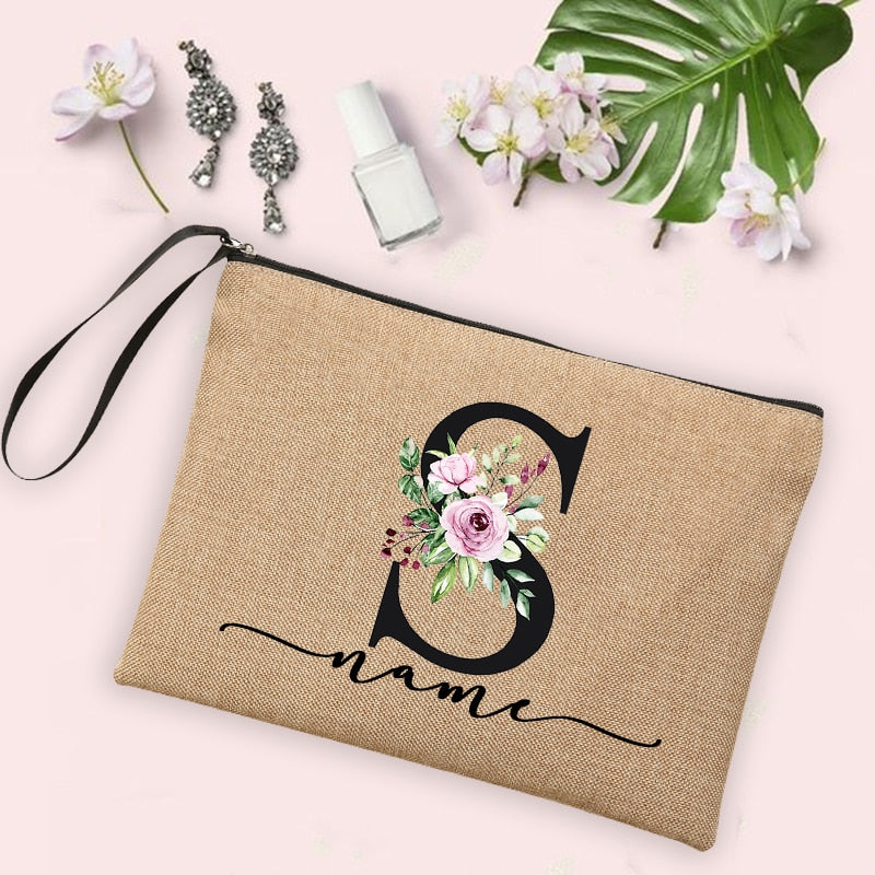 Custom Linen Cosmetic Bag With Flower Initial