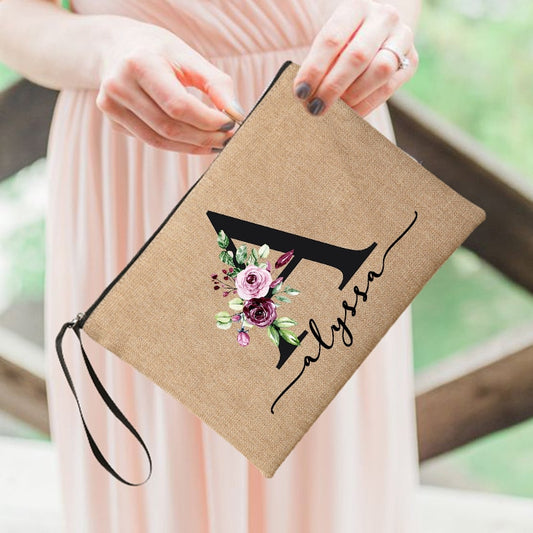 Custom Linen Cosmetic Bag With Flower Initial