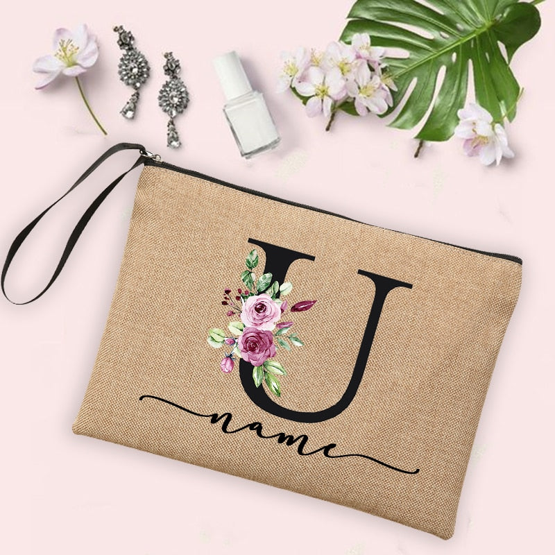 Custom Linen Cosmetic Bag With Flower Initial