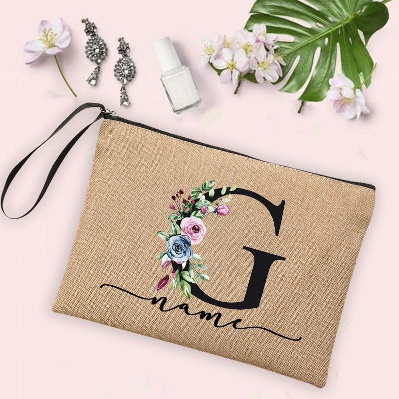 Custom Linen Cosmetic Bag With Flower Initial