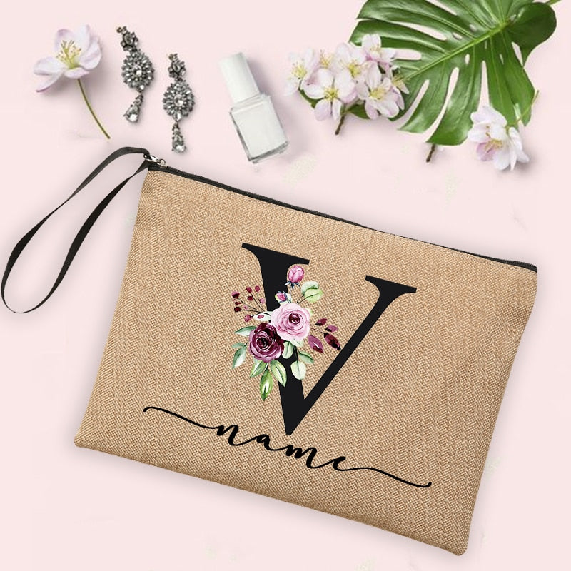 Custom Linen Cosmetic Bag With Flower Initial