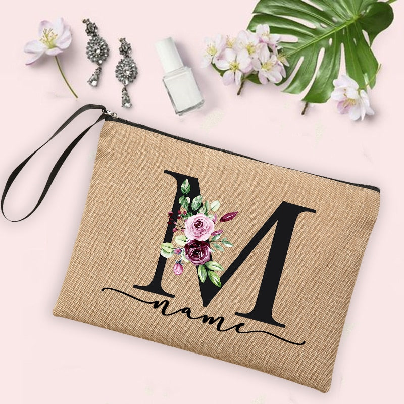 Custom Linen Cosmetic Bag With Flower Initial