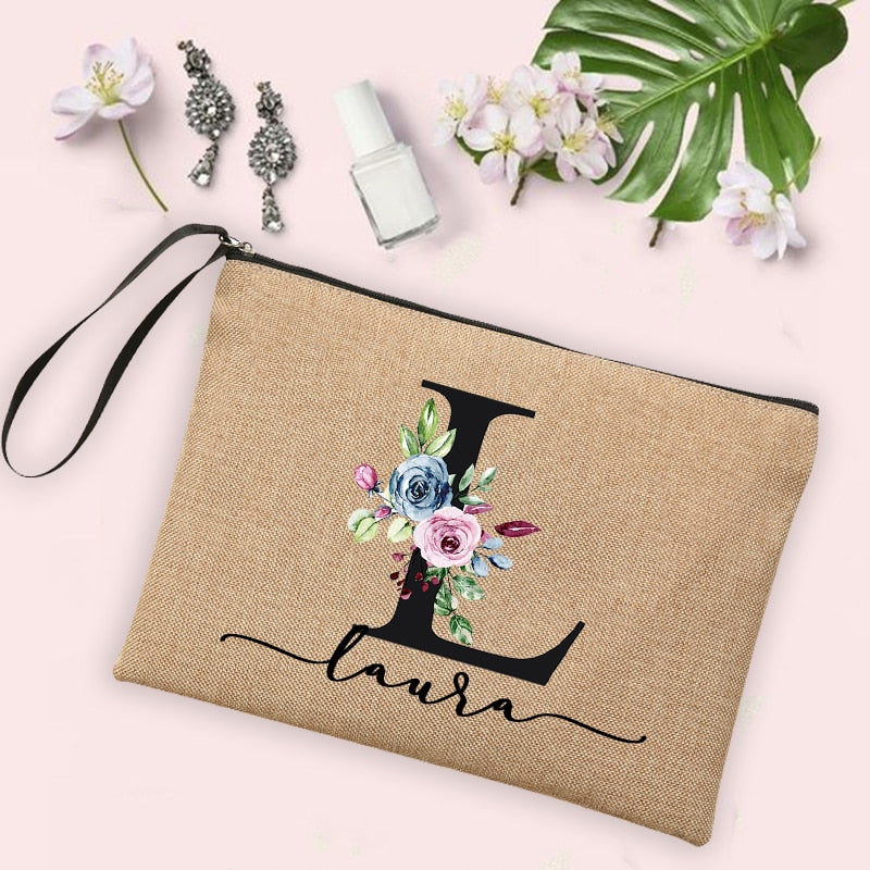 Custom Linen Cosmetic Bag With Flower Initial