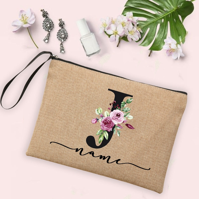 Custom Linen Cosmetic Bag With Flower Initial