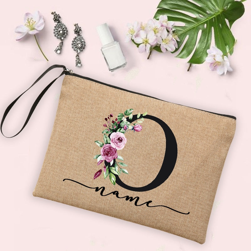 Custom Linen Cosmetic Bag With Flower Initial