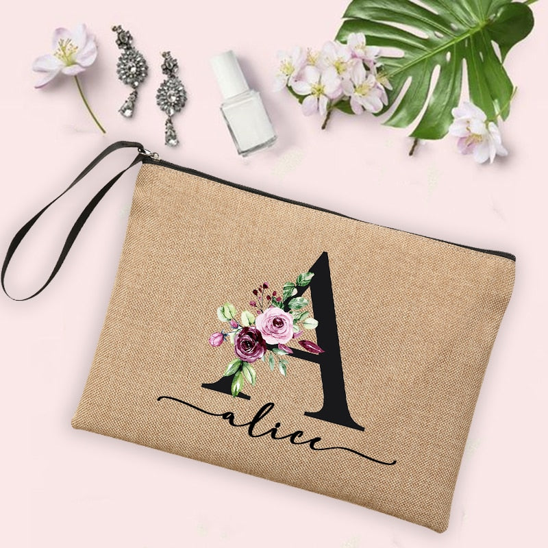 Custom Linen Cosmetic Bag With Flower Initial