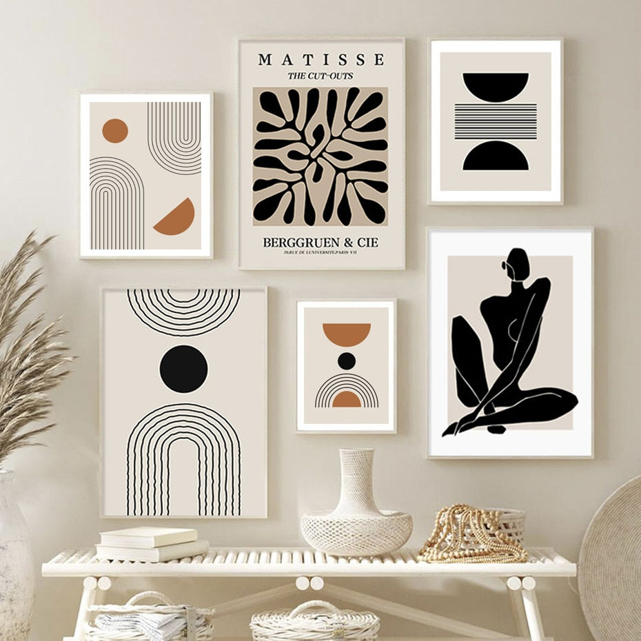 Boho Matisse Beige Black Abstract Art Canvas Prints